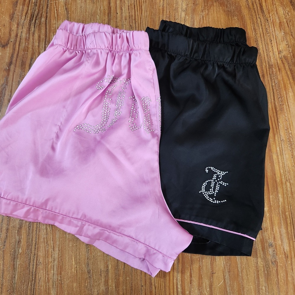 Two Pair Juicy Couture Satin Pajama Shorts Glitter Logo Large Pink Black Pull On
